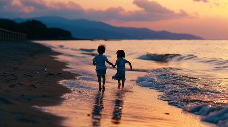 Little boy and girl playing on the beach at sunset. Happy childhood concept.の素材