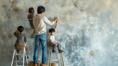 Happy family painting the wall with paint roller, father, mother and son sitting on ladder.の素材