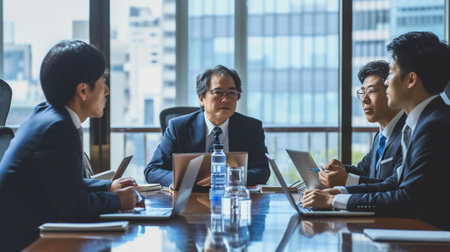 Business people discussing the charts and graphs showing the results of their successful teamworkの素材