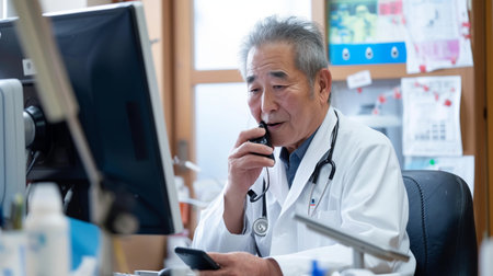 asian senior male doctor using mobile phone in the hospital. asian senior doctor using mobile phoneの素材