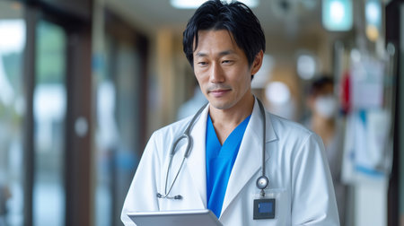 asian male doctor using digital tablet in hospital corridor. medical and healthcare concept.の素材