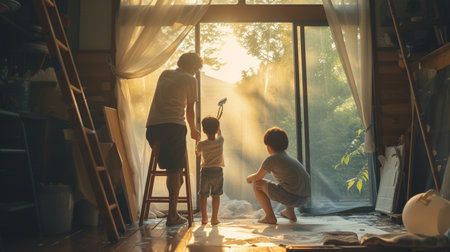 Father and son paint the window at home. Concept of family life.の素材