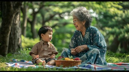 Grandmother and grandson having picnic in the park. Concept of happy family.の素材