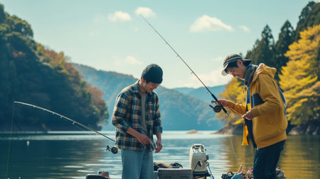 Father and son fishing together on the lake in autumn. Lifestyleの素材