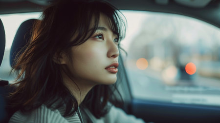 Portrait of a young beautiful asian woman in the car.の素材