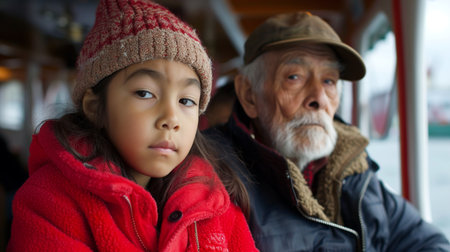 Portrait of an asian senior man and a little girl on the busの素材