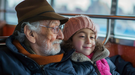 Portrait of an elderly man with a little girl in a busの素材