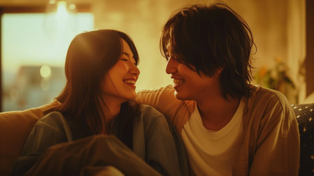 happy asian young couple sitting on sofa in living room at homeの素材