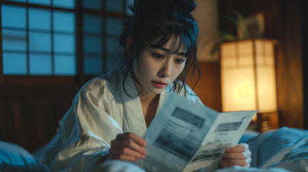 young asian woman reading newspaper on bed in the bedroom at nightの素材