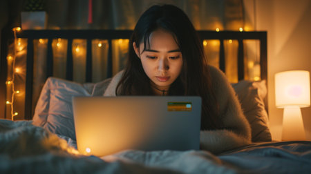 Young asian woman using laptop on bed in bedroom at night.の素材