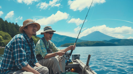 Father and son fishing together on the lake in the summer. Asian peopleの素材