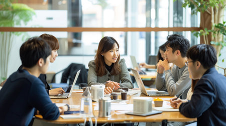 Group of business people discussing the charts and graphs showing the results of their successful teamworkの素材