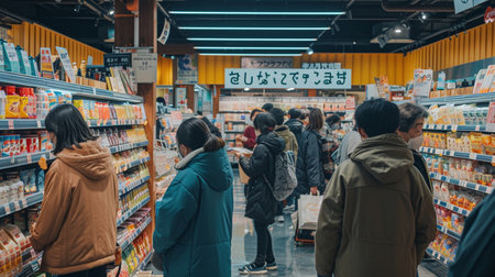 People shopping at a convenience store in Tokyo, Japanの素材