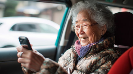 Elderly asian woman using smart phone in the car.の素材