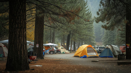 Camping in the pine forest on a foggy autumn day.の素材