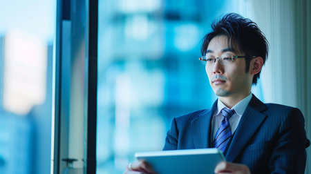 Portrait of a young businessman using tablet computer in the office.の素材