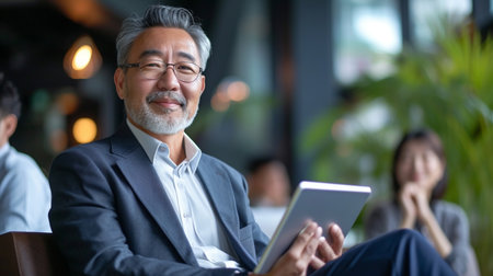 Portrait of senior asian businessman using digital tablet in office.の素材
