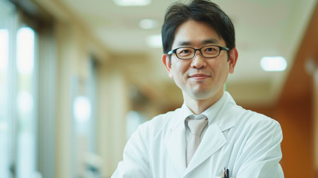 Portrait of young Asian male doctor in white coat and eyeglassesの素材