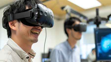 Young asian man using virtual reality headset in a modern office.の素材