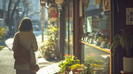 Woman looking at a shop window with flowers in the street in Japanの素材