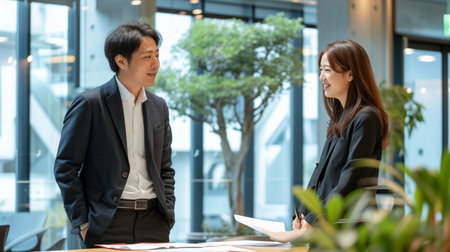 Businessman and businesswoman working together in modern office. Asian peopleの素材