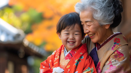 Happy asian senior woman and child in Korean traditional clothes with autumn leavesの素材