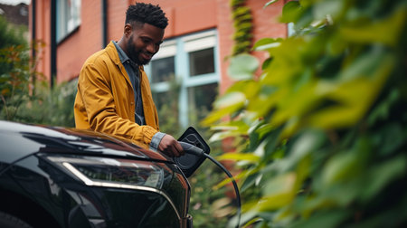 Stylish african american man in a yellow jacket standing near the black car and opening the door.の素材