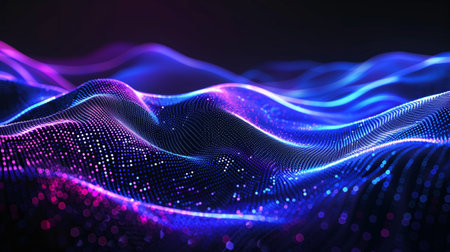 3d rendering of abstract digital particles wave with depth of field and bokeh lightsの素材
