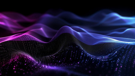 3d rendering of abstract particles wave flow with depth of field and bokeh in dark backgroundの素材
