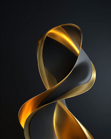 Curved golden ribbon on black background. 3d render illustration.の素材