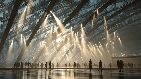 A group of people walking in the night inside a modern building.の素材