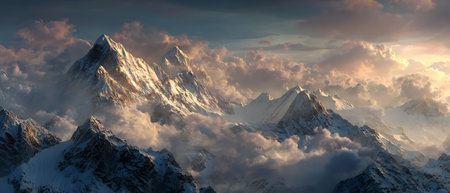 Panoramic view of the Himalaya mountain range at sunset.の素材