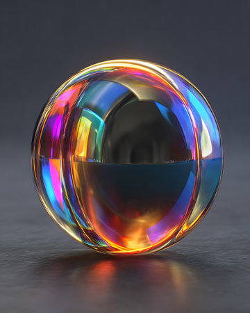 3d rendering of a crystal ball on a dark background with reflectionsの素材