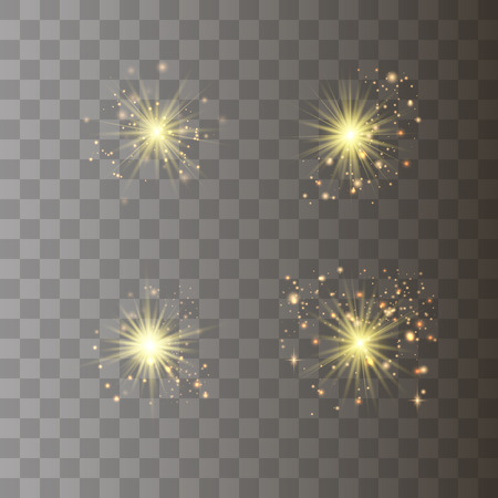 Gold glowing light set explodes on a transparent background. with ray. Transparent shining sun, bright flash.Glow light effect. Star burst with sparkles.のイラスト素材
