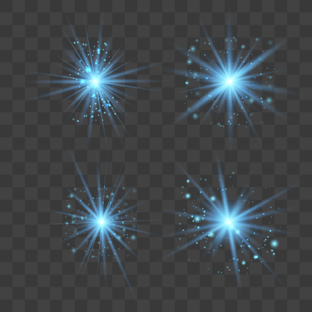 Blue glowing light explodes on a transparent background. Sparkling magical dust particles. Bright Star. Transparent shining sun, bright flash. Vector sparkles. To center a bright flash.のイラスト素材