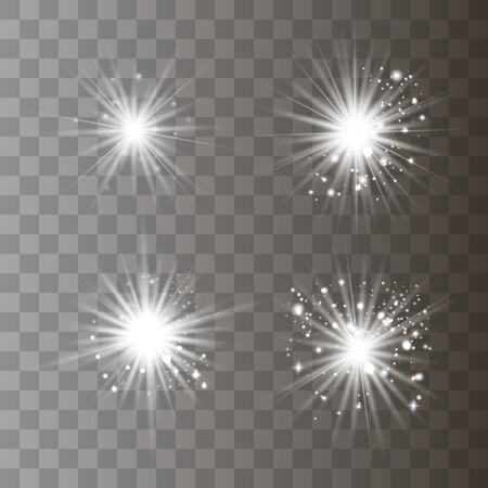 White glowing light explodes on a transparent background. Sparkling magical dust particles. Bright Star. Transparent shining sun, bright flash. Vector sparkles. To center a bright flash.のイラスト素材