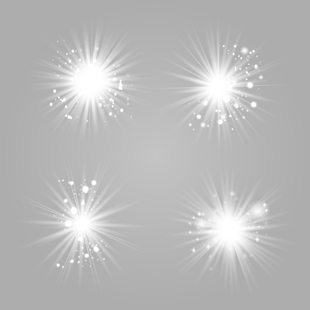 White glowing light explodes on a transparent background. Sparkling magical dust particles. Bright Star. Transparent shining sun, bright flash. Vector sparkles. To center a bright flash.のイラスト素材
