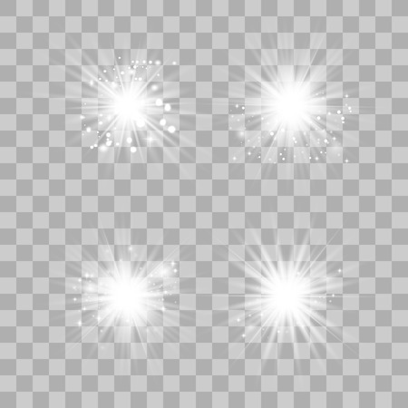 White glowing light explodes on a transparent background. Sparkling magical dust particles. Bright Star. Transparent shining sun, bright flash. Vector sparkles. To center a bright flash.のイラスト素材