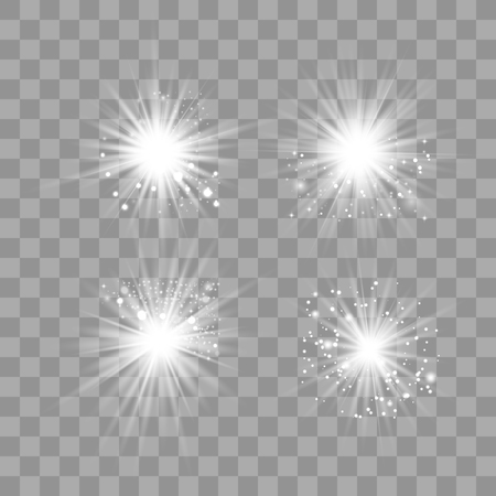 White glowing light explodes on a transparent background. Sparkling magical dust particles. Bright Star. Transparent shining sun, bright flash. Vector sparkles. To center a bright flash.のイラスト素材