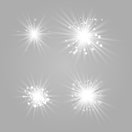 White glowing light explodes on a transparent background. Sparkling magical dust particles. Bright Star. Transparent shining sun, bright flash. Vector sparkles. To center a bright flash.のイラスト素材