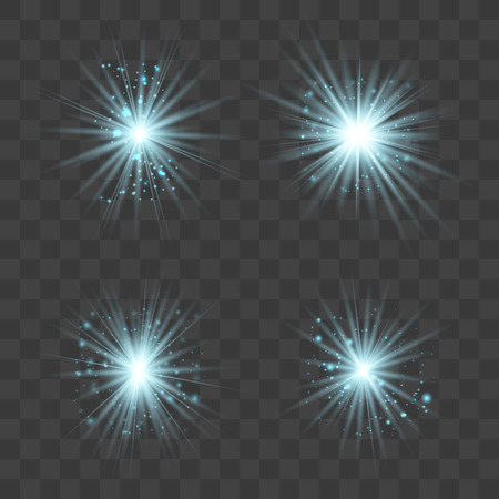 Blue glowing light explodes on a transparent background. Sparkling magical dust particles. Bright Star. Transparent shining sun, bright flash. Vector sparkles. To center a bright flash.のイラスト素材