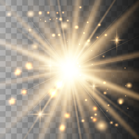 Gold glowing light explodes on a transparent background. Sparkling magical dust particles. Bright Star. Transparent shining sun, bright flash. Vector sparkles. To center a bright flash.のイラスト素材