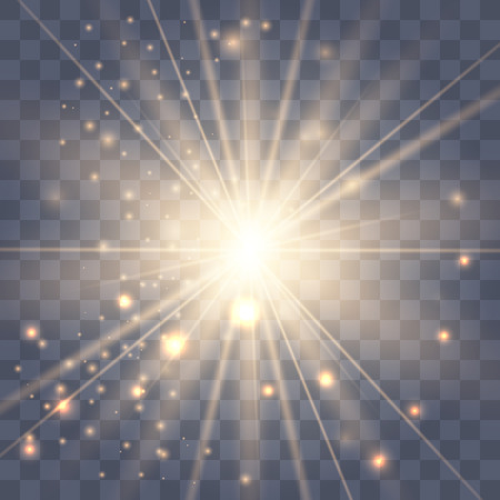 Gold glowing light explodes on a transparent background. Sparkling magical dust particles. Bright Star. Transparent shining sun, bright flash. Vector sparkles. To center a bright flash.のイラスト素材