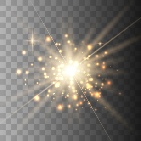 Gold glowing light explodes.Sparkling magical dust particles. on a transparent background. Sparkling magical dust particles. Bright Star. Transparent shining sun, bright flash.のイラスト素材