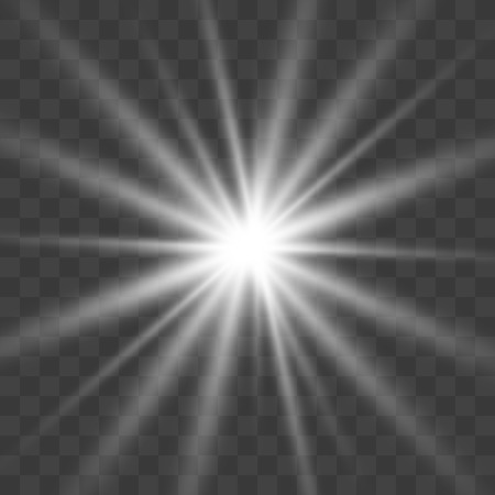White glowing light explodes on a transparent background. Sparkling magical dust particles. Bright Star. Transparent shining sun, bright flash. Vector sparkles. To center a bright flash.のイラスト素材