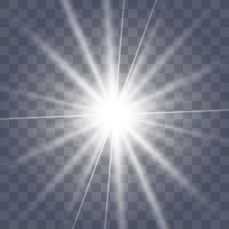 White glowing light explodes on a transparent background. Sparkling magical dust particles. Bright Star. Transparent shining sun, bright flash. Vector sparkles. To center a bright flash.のイラスト素材