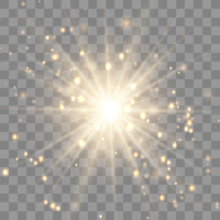 Gold glowing light explodes.Sparkling magical dust particles. on a transparent background. Sparkling magical dust particles. Bright Star. Transparent shining sun, bright flash.のイラスト素材