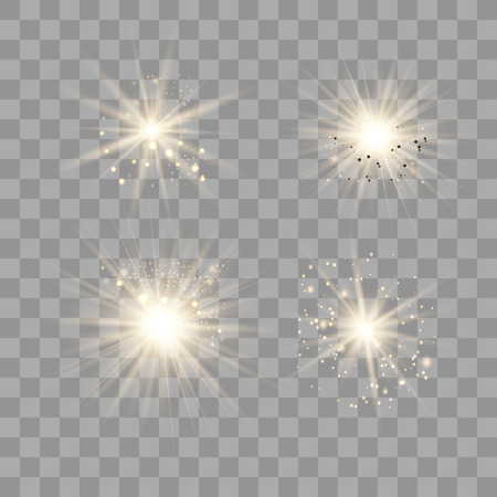 Gold glowing light explodes on a transparent background. Sparkling magical dust particles. Bright Star. Transparent shining sun, bright flash. Vector sparkles. To center a bright flash.のイラスト素材