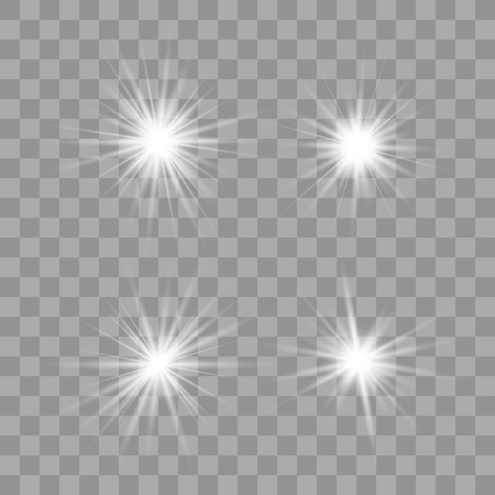 Set white of bright beautiful stars. Light effect Bright Star. Beautiful light for illustration. Christmas star. Vector sparkles on transparent background.White glowing lightのイラスト素材