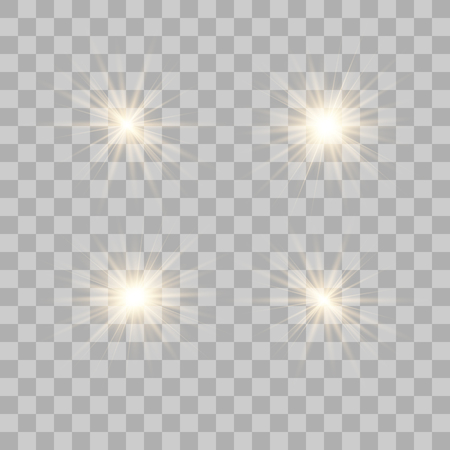 Set of gold of bright beautiful stars. Light effect Bright Star. Beautiful light for illustration. Christmas star. Vector sparkles on transparent background.White glowing lightのイラスト素材